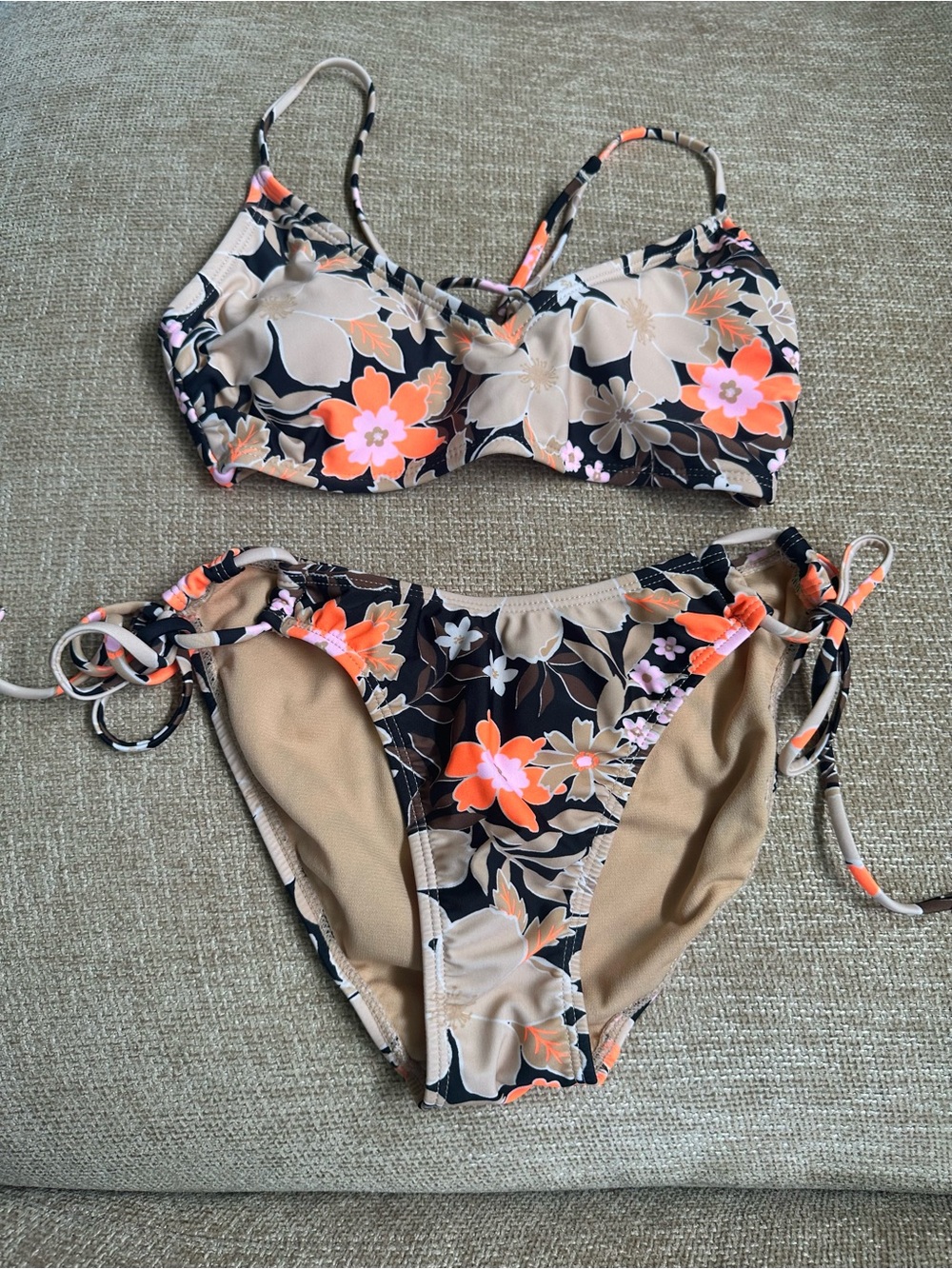 Floral Two-Piece Bikini Set in Black, Beige & Coral